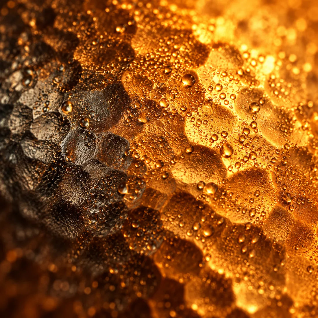 Macro of hammered copper with water droplets